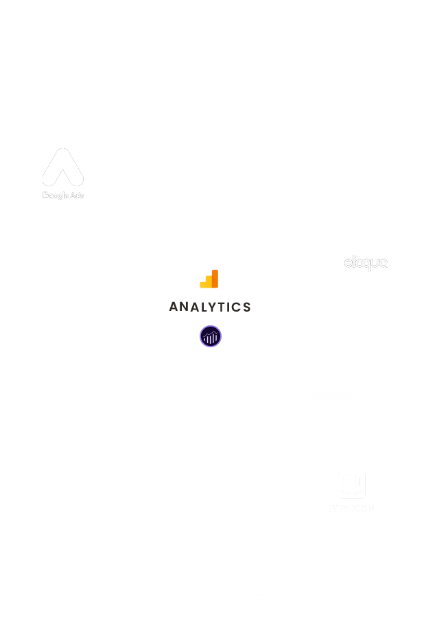 Bancroft Analytics has proven expertise working with the following platforms - Google Analytics, Adobe Analytics, Adobe Marketing Cloud, Salesforce, Google Big Query, Oracle Eloqua, Marketo, Marin Software, Foresee, Bing, Hotjar, ObservePoint, Intercom, Salesforce Pardot, Clicktale, Qualtrics, Google Ads as shown in this hub and spoke model.